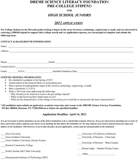 2012 Pre-College Stipend Application